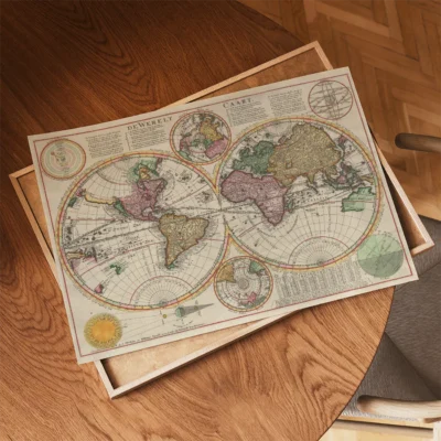 An antique-style world map displaying the eastern and western hemispheres with colorful land outlines and elaborate details.