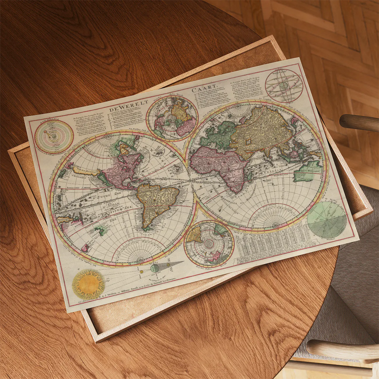 An antique-style world map displaying the eastern and western hemispheres with colorful land outlines and elaborate details.