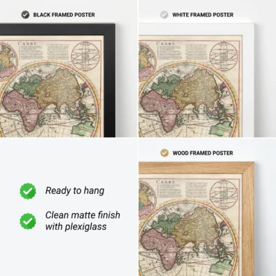 Three framed world map posters in black, white, and wood frames, with features highlighted below them.