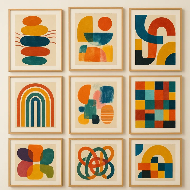 A gallery wall displaying nine framed abstract geometric artworks in vibrant colors.