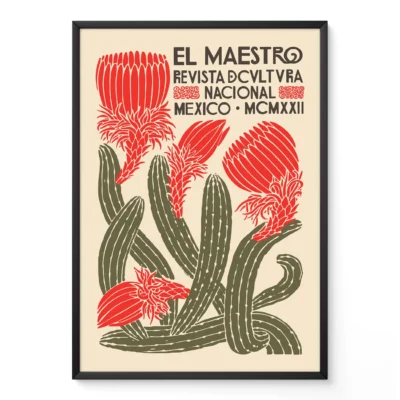 Vintage poster for 'El Maestro', a cultural magazine from Mexico, featuring floral and cactus designs in red and green.