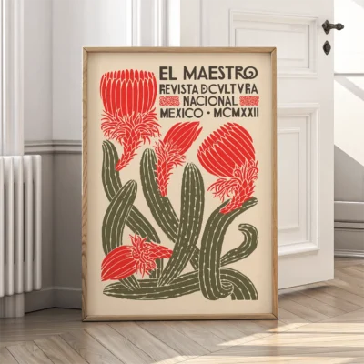 A vintage magazine cover featuring red flowers and green cacti with the title 'El Maestro' and other decorative text.