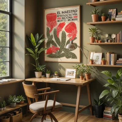 A cozy home office with a wooden desk, vintage poster, and various houseplants.