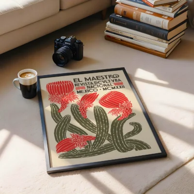 Framed vintage poster titled 'El Maestro' with red flowers and cactus, coffee cup, and camera in a cozy setting.