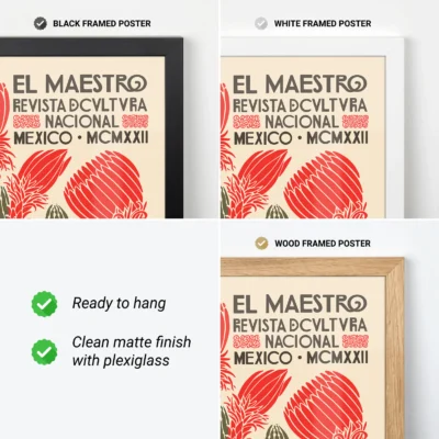 Collage of three framed posters of 'El Maestro', displayed in black, white, and wood frames, featuring red feather designs.