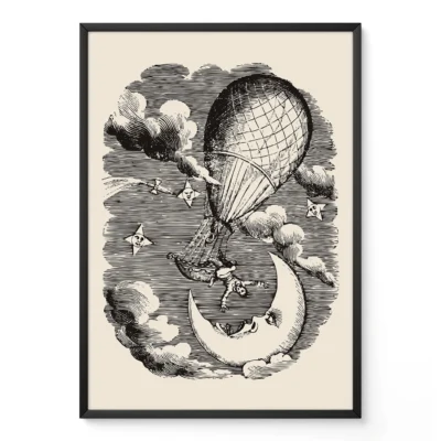 A black and white illustration of a hot air balloon ascending towards a crescent moon amidst clouds and kites.