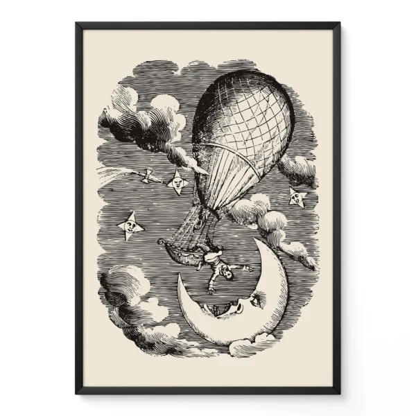 A black and white illustration of a hot air balloon ascending towards a crescent moon amidst clouds and kites.