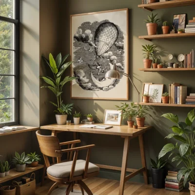 A cozy study area with a wooden desk, a vintage hot air balloon artwork on the wall, and various plants.
