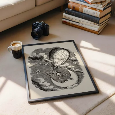 An artistic print depicting a hot air balloon drifting above a crescent moon, with clouds and stars in the background, placed on a cozy carpet next to a coffee cup and a camera.