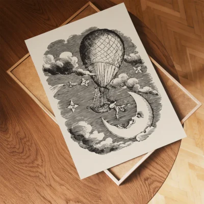 A vintage-style illustration of a hot air balloon with a figure beneath it, set against a crescent moon and clouds.