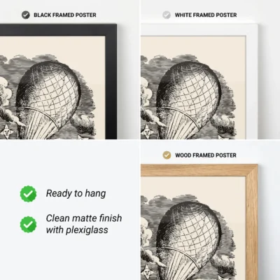 Three framed posters in different styles: black, white, and wood, featuring a vintage hot air balloon illustration.