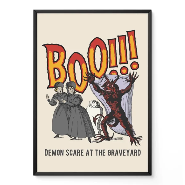 A colorful illustration of a demon scaring people in a graveyard, with the word 'BOO!!!' prominently displayed.