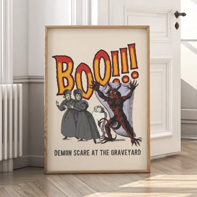 A vintage poster showing a demon frightening two women with the words 'Boo!!!' prominently displayed.