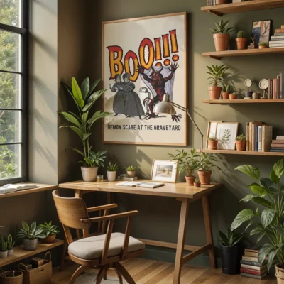 A home office with a vintage 'Boo!!!' poster, potted plants, and a wooden desk, bathed in natural light.