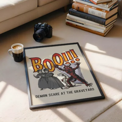 Framed vintage artwork featuring a demon scaring two women with the text 'BOO!!!' and 'DEMON SCARE AT THE GRAVEYARD' in a cozy indoor setting.