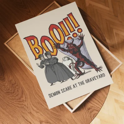 A vintage poster depicting a demon scaring two women at a graveyard, with bold text that says 'Boo!!!'