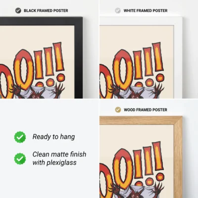 Three framed poster options including black, white, and wooden frames with a colorful artwork and informative text about poster features.