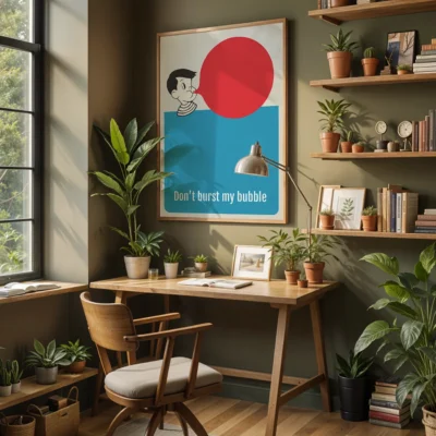 A home office with a wooden desk, potted plants, and a large framed poster saying 'Don't burst my bubble'.
