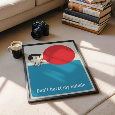 A cartoon boy blowing a bubble with text 'Don't burst my bubble' below the image. A cup of coffee and a camera are visible in the background, featuring a well-lit room with a cozy atmosphere.