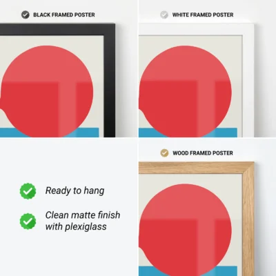 Three framed poster options: black, white, and wood frames, displaying a red circle on a blue background with feature highlights.