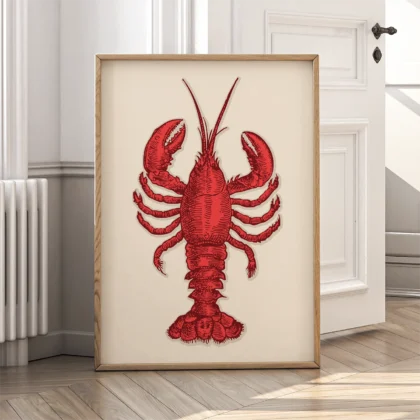 Illustration of a red lobster in a wooden frame.