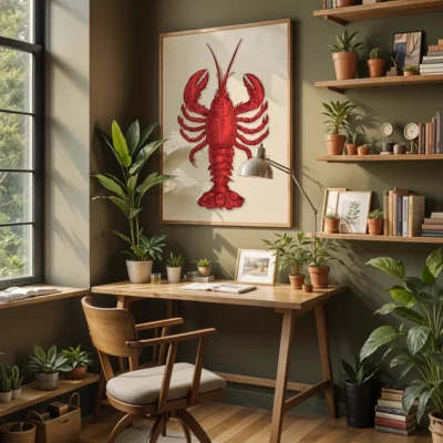 A cozy home office with a red lobster artwork on the wall, wooden desk, chair, and various houseplants.