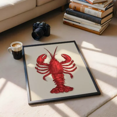 A framed illustration of a red lobster on a beige background, accompanied by a cup of coffee and a stack of books.