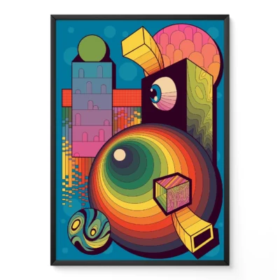 An abstract artwork featuring geometric shapes and colorful patterns on a blue background.