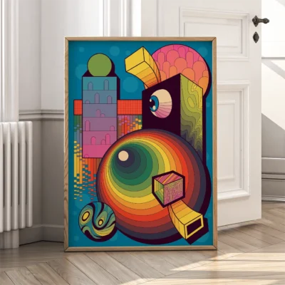 Vibrant abstract geometric artwork featuring rainbow colors and various shapes, displayed in a wooden frame.