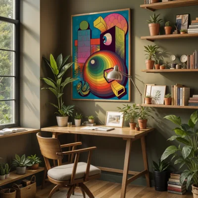 A cozy workspace with a wooden desk, indoor plants, and a colorful abstract painting on the wall.