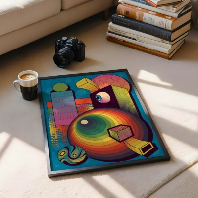 Abstract art featuring a rainbow circle and geometric shapes in a cozy living room setting.
