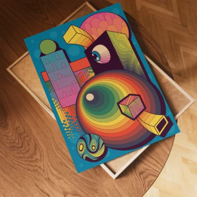 An abstract artwork with geometric shapes on a blue background, featuring rainbow colors and stylized eyes and faces.