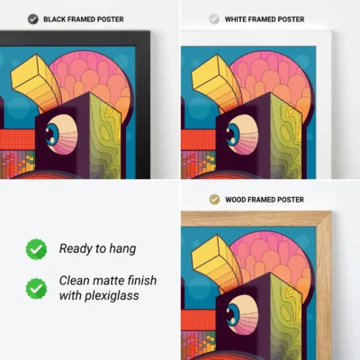 Collage of three framed posters in black, white, and wood frames featuring colorful geometric artwork