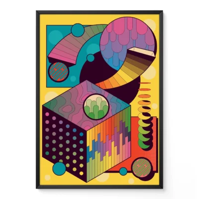 An abstract geometric artwork with colorful shapes including a cube, circles, and lines on a yellow background.