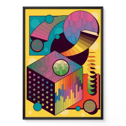 An abstract geometric artwork with colorful shapes including a cube, circles, and lines on a yellow background.