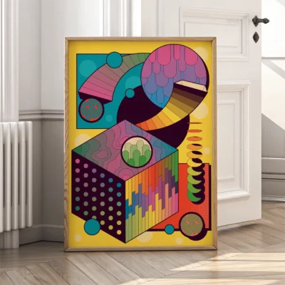 A colorful abstract artwork featuring geometric shapes in a wooden frame.