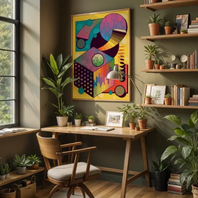 A modern home office setup with a wooden desk, a chair, colorful abstract wall art, and various plants on a shelf.