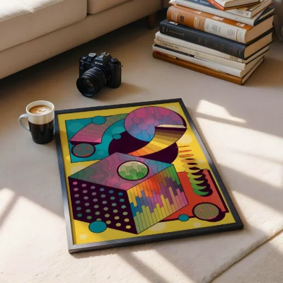 Abstract geometric artwork in vibrant colors displayed on the floor, with a camera and coffee cup nearby.
