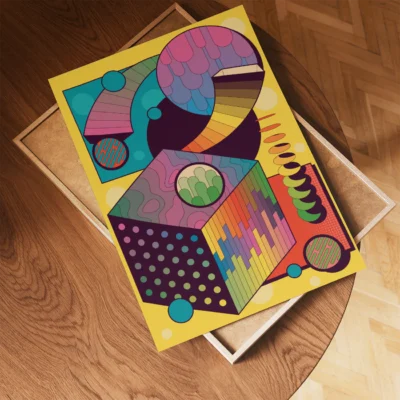 An abstract geometric art piece with a colorful cube and various shapes on a bright yellow background.