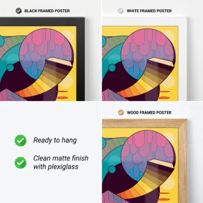 Collage of black, white, and wood framed art posters with geometric designs