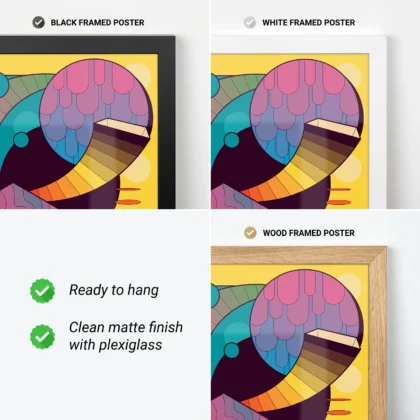 Collage of black, white, and wood framed art posters with geometric designs