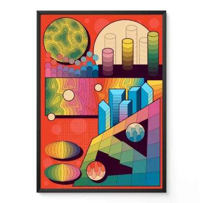 An abstract geometric art piece with bright colors and shapes, featuring circles, cylinders, and buildings in a vibrant layout.