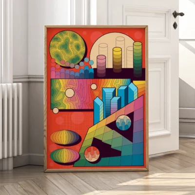 A colorful geometric abstract art piece with various shapes and patterns in a red background.