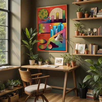 Cozy home office with a wooden desk, plants, and colorful artwork on the wall