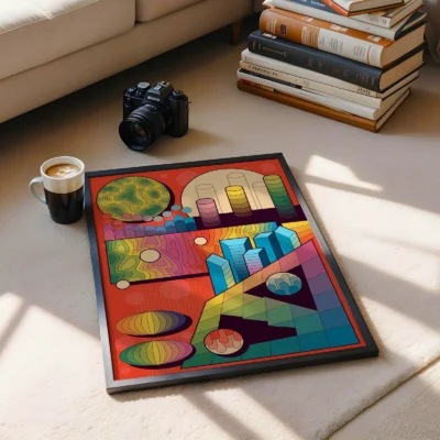 A geometric abstract art piece on a coffee table with a cup of coffee and a camera nearby.