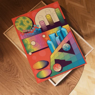 An abstract geometric artwork with colorful shapes and patterns, featuring spheres, bars, and interlocking forms on a red background.