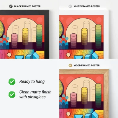 Three framed poster options: black, white, and wood frames showcasing colorful blocks in a vibrant background.