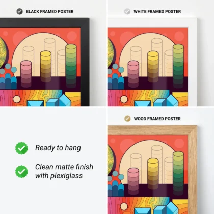 Three framed poster options: black, white, and wood frames showcasing colorful blocks in a vibrant background.