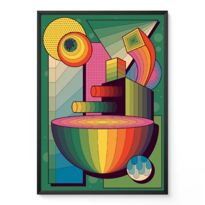 A modern abstract painting with geometric shapes and a rainbow-colored bowl, featuring bold colors and patterns.