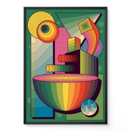 A modern abstract painting with geometric shapes and a rainbow-colored bowl, featuring bold colors and patterns.